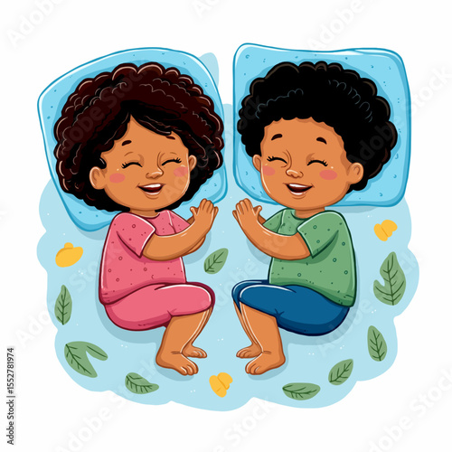 Vector design showing innocent children sleeping quietly with toys and blankets in a hand drawn style.svg