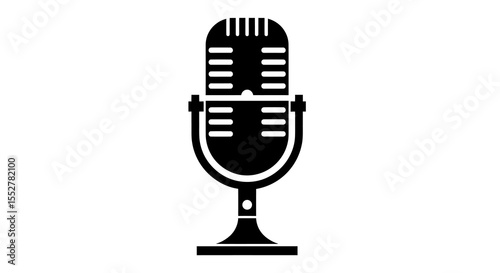 Classic Black Retro Microphone Icon:  Solid Silhouette Illustration of a Vintage Style Microphone on a Stand