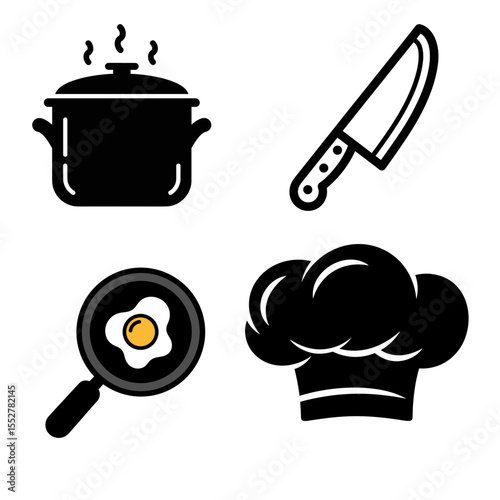 Black silhouette icons of cooking pot, chef hat, frying pan, and knife for food and kitchen themed design