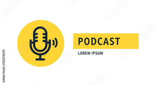 Podcast Icon: Yellow Circle, Dark Blue Retro Microphone, Sound Waves