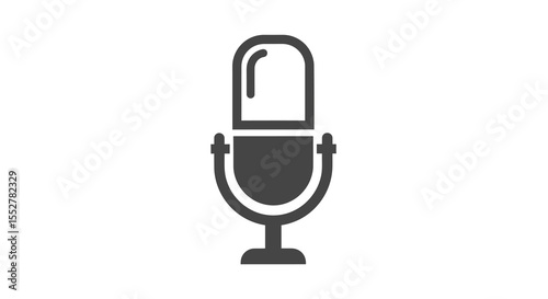 Retro-Style Gray Microphone Icon:  Simple, upright, dark gray microphone graphic with a classic design, featuring a capsule head and curved base.