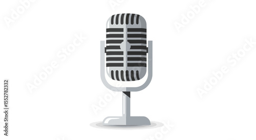 Retro Silver Microphone with Stand, Flat Design Illustration