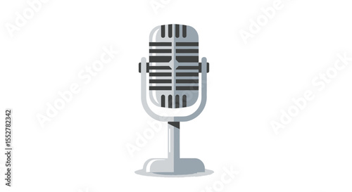 Silver Vintage Microphone Illustration with Horizontal Lines on White Background