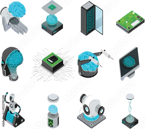 Artificial Intelligence (AI) Isometric Icon Set for Futuristic Technology and Innovation Projects