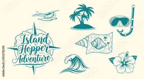 Island Adventure. Tropical Vacation Icons. Vintage travel logo set with palm tree, seaplane, and snorkel. Vector graphics for t-shirts or travel agency.
