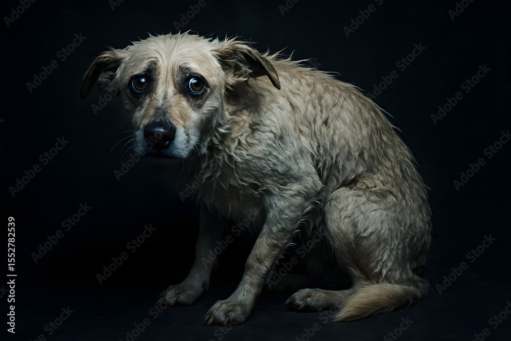Fototapeta premium Lost and Alone: A poignant image of a lone, rain-soaked dog staring with big, sad eyes, capturing the essence of vulnerability and desolation, set against a backdrop of shadow.