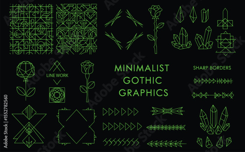 Minimalist Gothic. Neon Green Graphics. Futuristic line art set with sharp borders, crystals, and patterns. Vector for game UI, logos, or posters.
