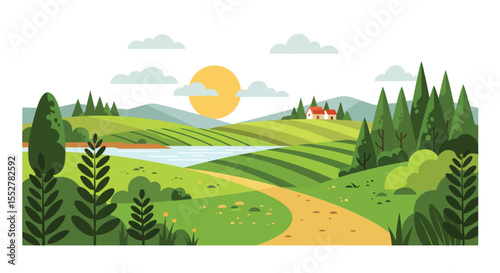 Serene Mountain Valley with Flowing River and Snow-Capped Peaks at Sunrise