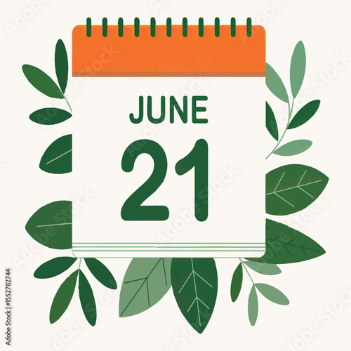 June 21 calendar page with leaves. Summer Solstice and first day of summer vector icon.