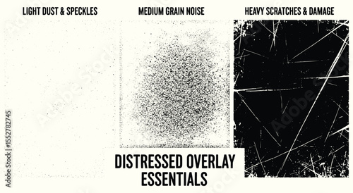 Distressed Overlay Texture. Grunge Essentials. Set includes dust, grain, and heavy scratch layers. Vector elements for creating vintage photo effects.