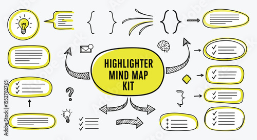 Mind Map Kit. Highlighter Doodle. Hand drawn flowchart elements with arrows, frames, and checklists. Sketch vector for presentations, study, or brainstorming.