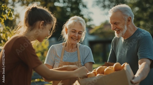 A happy family is holding oranges in a field outdoors