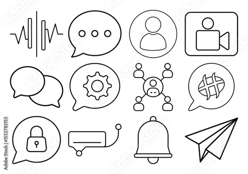 Collection of communication and social media icons with a clean outline design isolated on white background