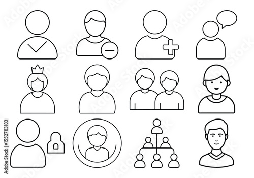 Collection of user profile icons representing different actions and statuses isolated on white background