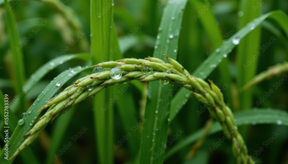 Close Up of Dewy Green Rice Plant with Water Drops and Lush Leaves in a Vibrant Agricultural Field Close Up of Dewy Green Rice Plant with Water Drops and Lush Leaves in a Vibrant Agricultural Field
