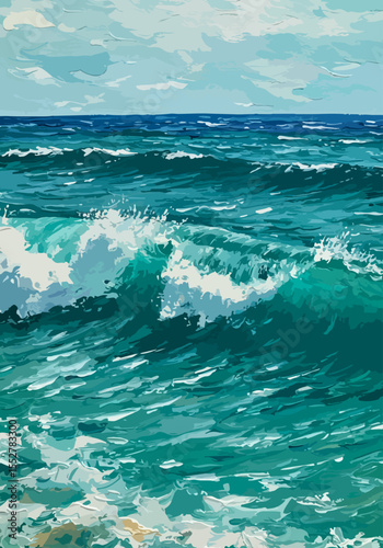  abstract impressionist seascape with crashing waves, turquoise and white palette, expressive, thick brush paint texture