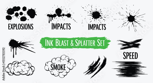 Ink Splatter. Grunge Effects Set. Hand drawn vector collection with paint blasts, drips, and comic smoke. Graphic elements for posters or t-shirts.
