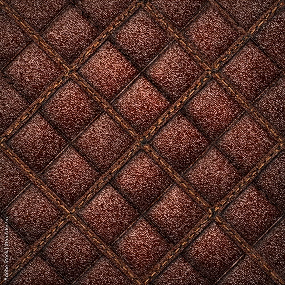Naklejka premium Rich brown leather texture with diamond-shaped panels, separated by contrasting stitching forming an intricate grid pattern
