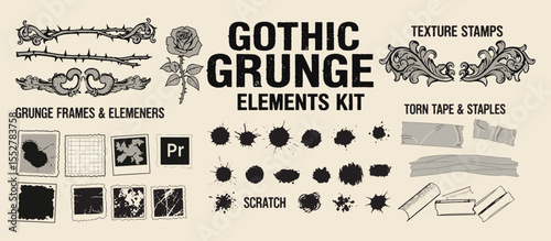Gothic Grunge Kit. Texture Stamp Set. Vintage collage elements with torn tape, ink splatters, and baroque frames. Dark vector for posters or album art.