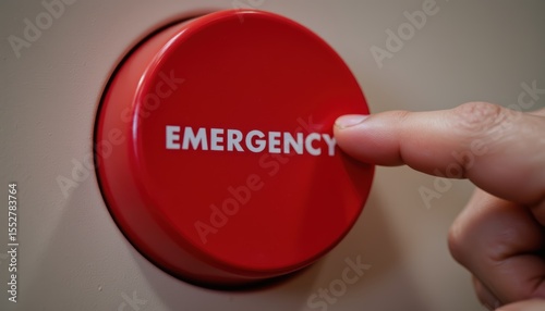 Close Up View of Hand Pressing Red Emergency Button for Urgent Response and Safety Protocols