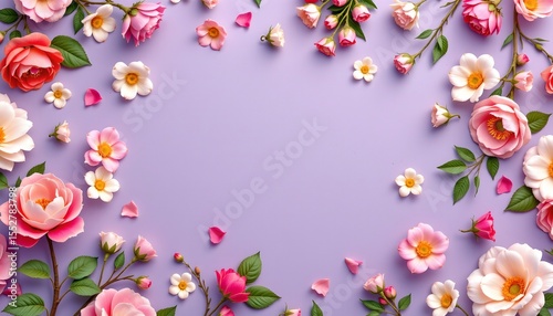 a floral border composed of various flowers against a purple background