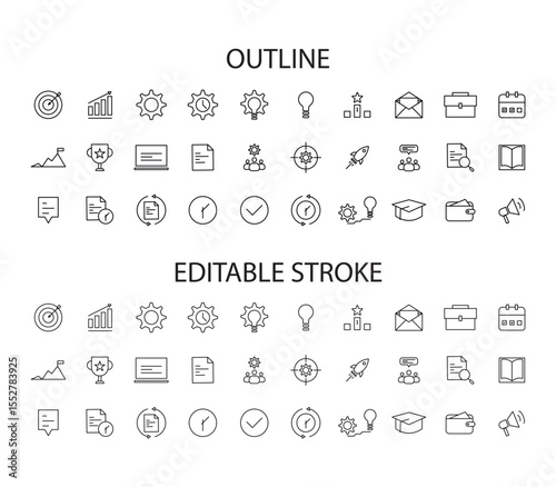 Set of business icons in outline and editable stroke style. Suitable for presentations, UI/UX, web, infographics and marketing materials. Customizable EPS 10 vector format.