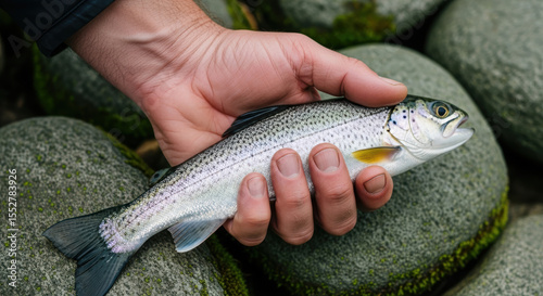 Close up of adult hand gently holding small freshly caught trout fish by riverbed with smooth gray stones, showcasing details of scales and natural outdoor fishing experience
