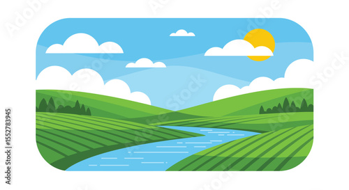 Serene Mountain Valley with Flowing River and Snow-Capped Peaks at Sunrise