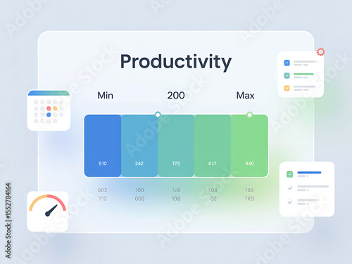 Dashboard-style UI with productivity levels shown in gradient bar and segmented gauges
