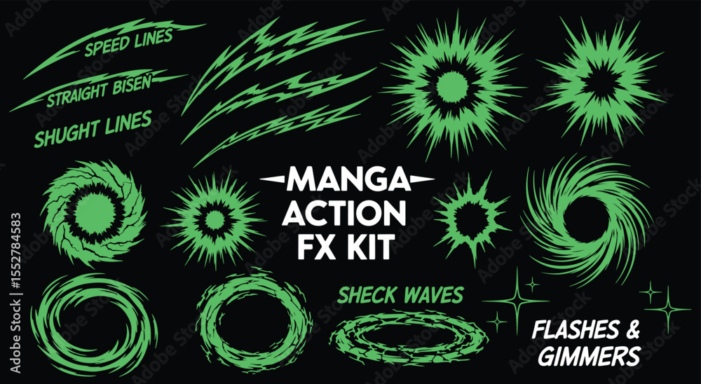 Manga Action FX. Anime Speed Lines. Green energy effect kit with shockwaves, flashes, and explosions. Comic book style vector for video games or animation.