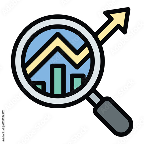 Market research icon flat line style illustration representing the analysis of consumer behavior and market trends, suitable for business strategy, marketing, and product development projects
