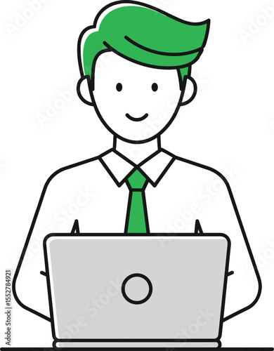 Focused Professional: Man in Green Suit Typing on Laptop, Illustration Style.