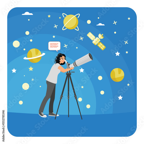 Astronomy. Woman Observing Stars and Planets Through a Telescope.