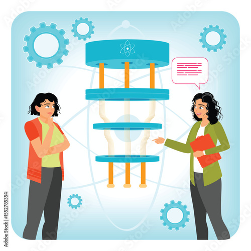 Quantum Computing. Two Women Discussing Quantum Computing with a Stylized Processor.