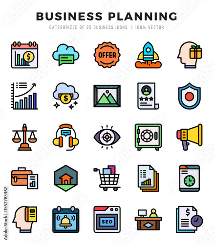 Business Planning Icons Pack Lineal Color Style. Vector illustration.