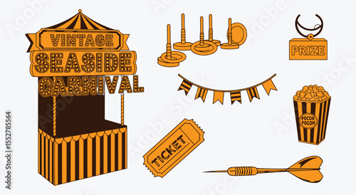 Carnival Fair. Vintage seaside festival icon set with stall, popcorn, ticket, and dart game. Retro vector graphics for poster, flyer, or party invitation.
