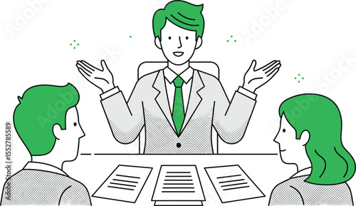 Business Meeting: Man in Suit Explaining to Colleagues with Documents, Illustration Style.