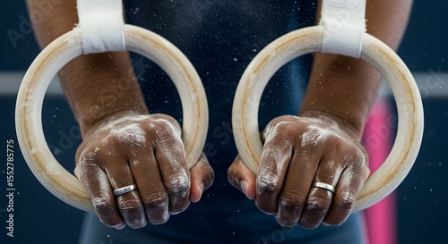 A man's hands covered in chalk gripping gymnastic rings. Concept of strength, training, and athletic performance. Sports equipment.
