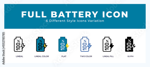 Full battery icon set with different styles. Icons designed in filled. outline. flat. glyph and line colored.