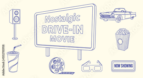 Drive-In Movie. Retro Cinema. Nostalgic 1950s icon set with classic car, popcorn, and soda. Line art vector for posters, flyers, or event graphics.