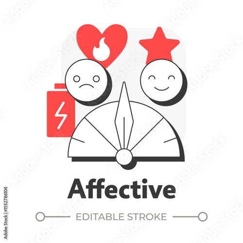 Affective flat outline concept icon. Employee mood, psychology. Burnout syndrome, exhaustion. Measurement indicator. Modern line illustration with red glyphs. Conceptual visual. Easy to edit