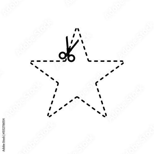 A dashed line forming a simple geometric shape with a scissor icon indicating where to cut. Cutting scissors. Dotted coupon border. Scissors silhouette in white background	