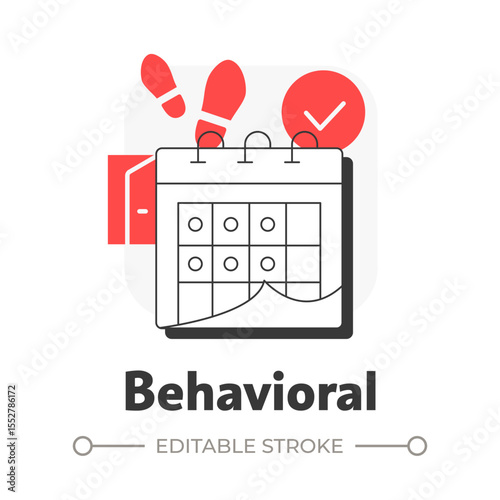 Behavioral flat outline concept icon. Time management, control. Schedule calendar, planning. Tracking, analysis. Modern line illustration with red glyphs. Conceptual visual. Easy to edit
