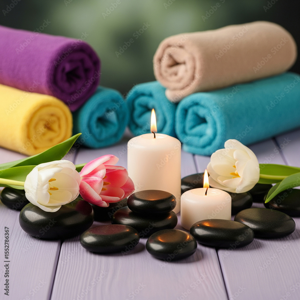 Soothing Spa Ambiance with Lit Candles, Hot Stones, and Vibrant Rolled Towels for Relaxation and Wellness Concepts Soothing Spa Ambiance with Lit Candles, Hot Stones, and Vibrant Rolled Towels for Relaxation and Wellness Concepts