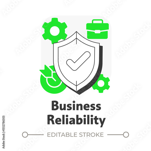Business reliability flat outline concept icon. Organization stability, professional. Partnership, collaboration. Modern line illustration with green glyphs. Conceptual visual. Easy to edit