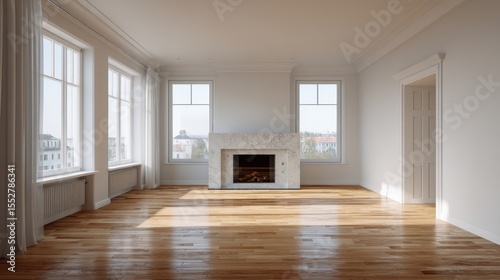 Spacious empty living room with parquet and artificial fireplace.
