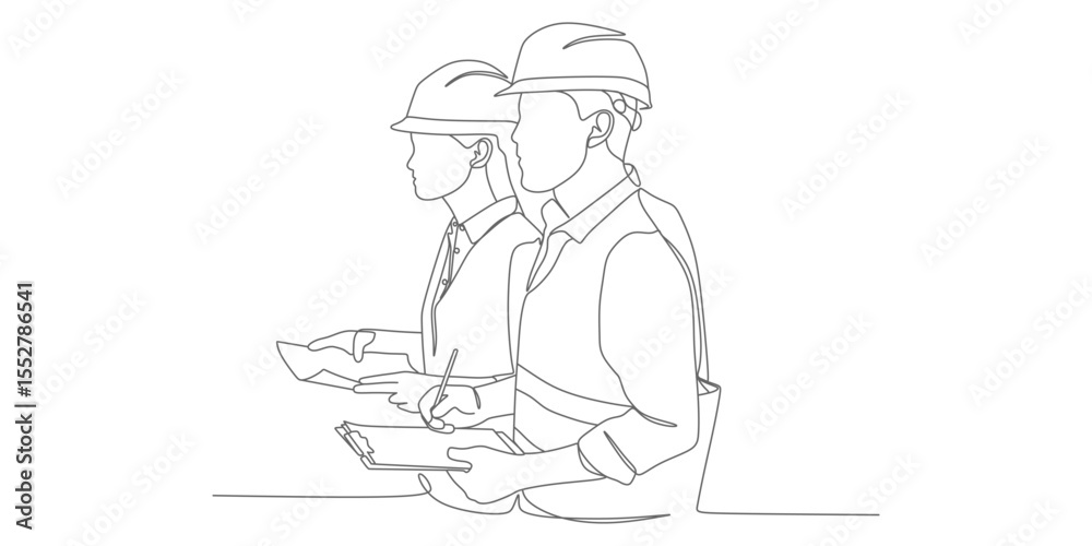 Fototapeta premium Construction Professionals Inspecting Plans – Minimalist Line Art Illustration