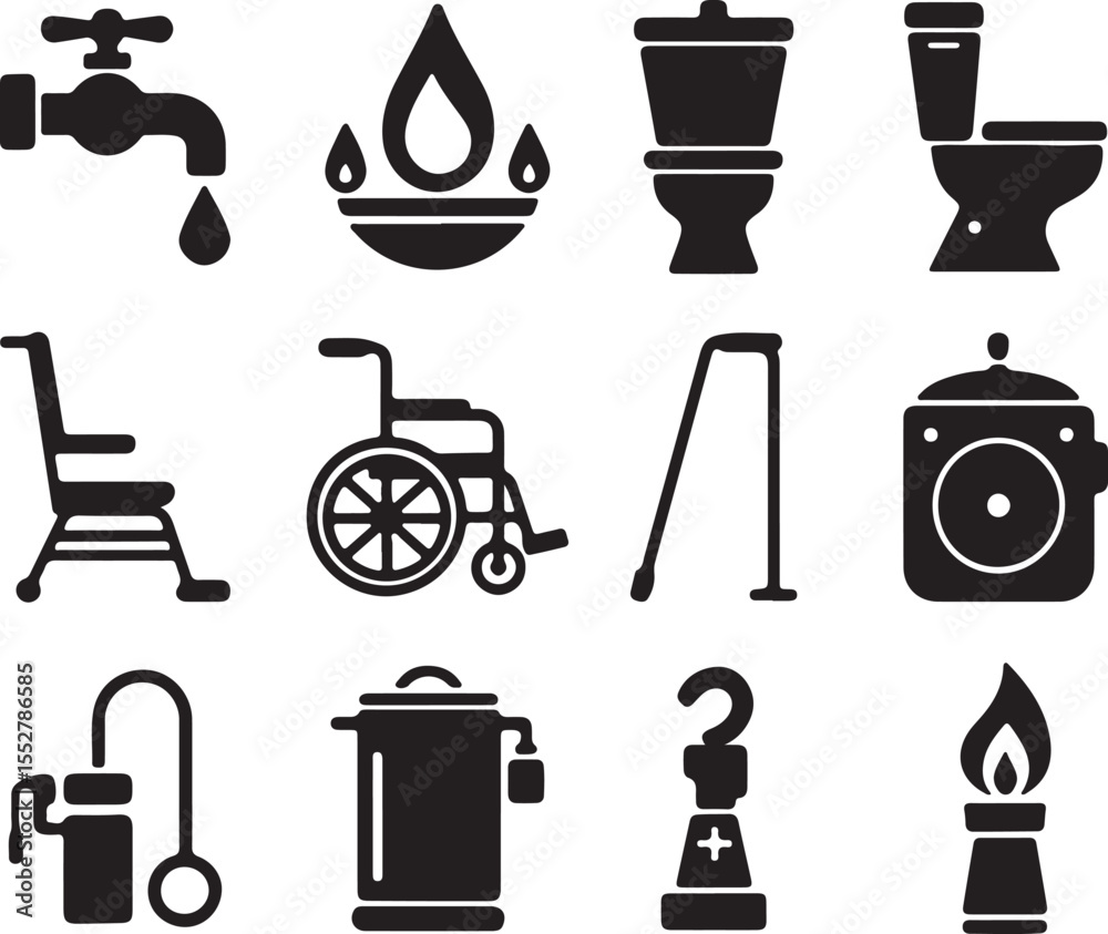 Fototapeta premium Home, Medical And Utility Icons - Essential Pictogram Collection For Disability.
