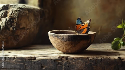 Monarch Butterfly Perched on Ceramic Bowl with Green Foliage Set on Rustic Wooden Table in Natural Lighting Still Life
