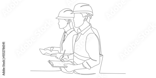 Construction Professionals Inspecting Plans – Minimalist Line Art Illustration